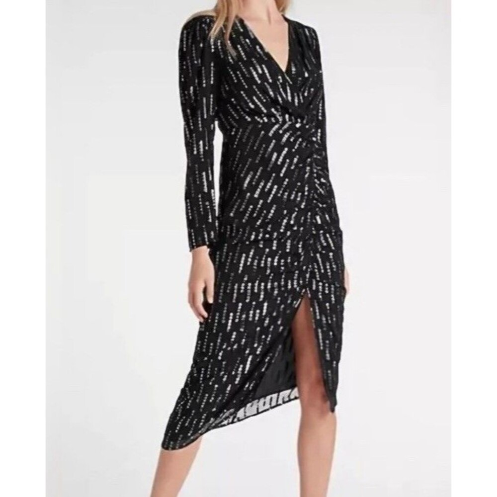Express Dress Medium Black Silver Midi Cocktail Party Wedding Guest Elegant $118